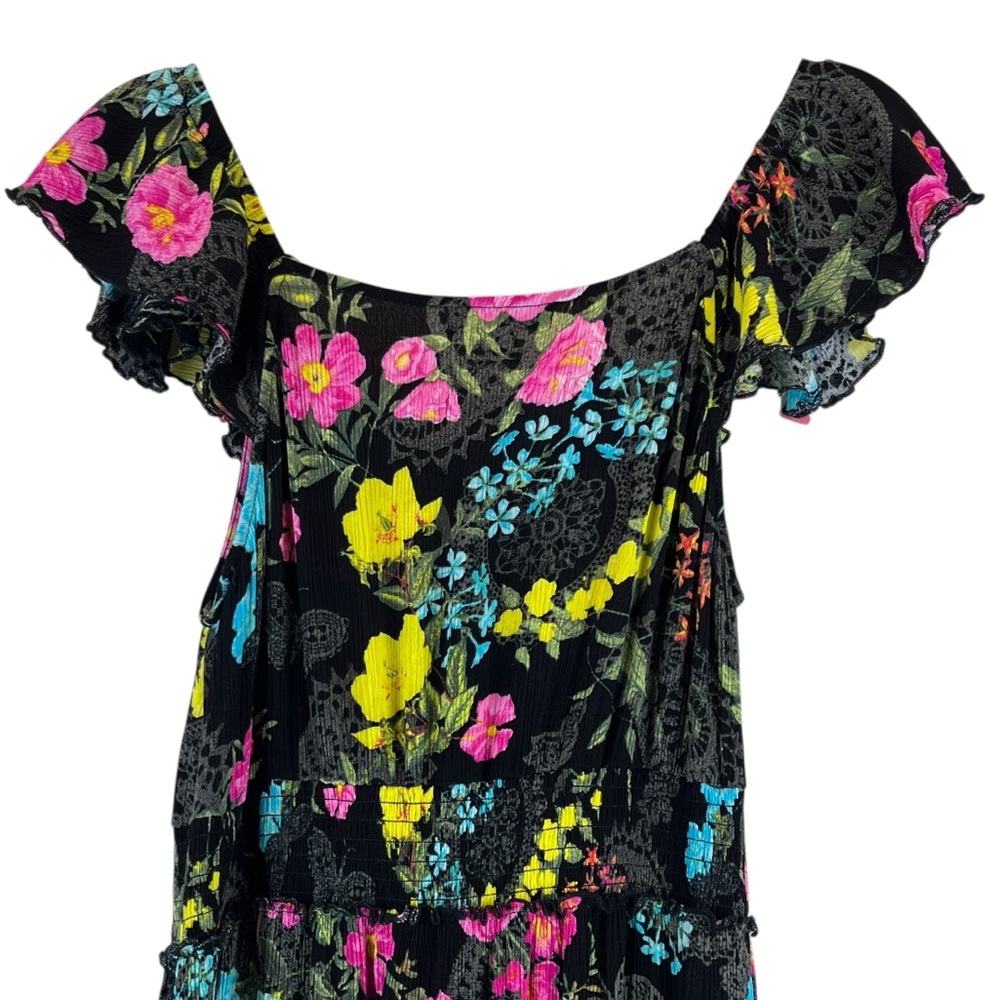 Betsey Johnson Black Floral Tiered Maxi Dress Crinkle Fabric Colorful Sz XL - Picture 5 of 12